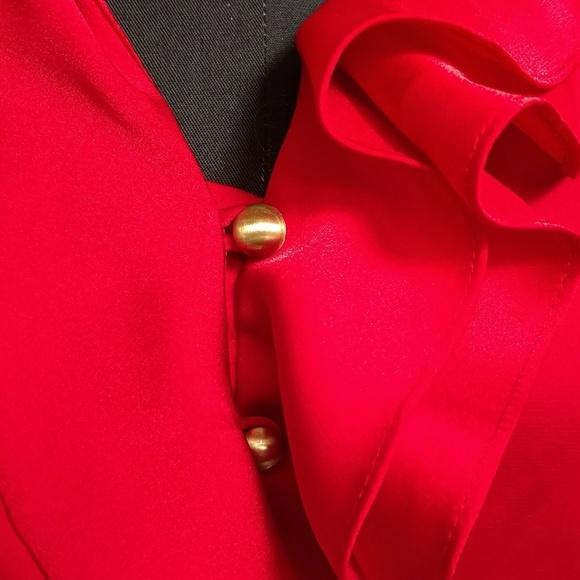 Red Satin Ruffled Short Puff Sleeve Blouse Dressy Rich Cherry Red Flirty Ruffles - Picture 5 of 7